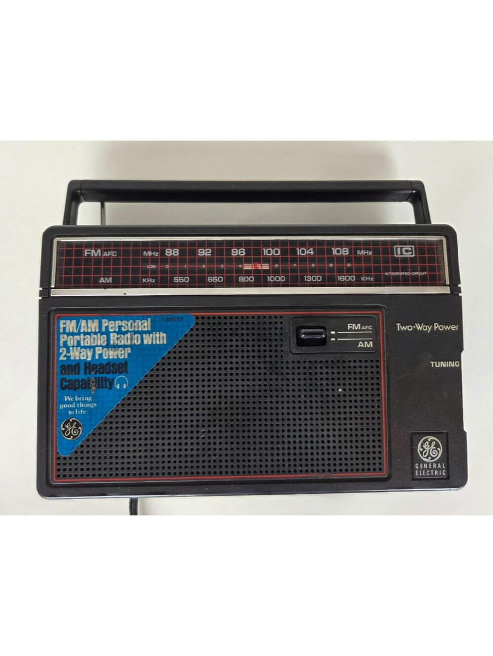 GE AM FM Portable Radio 7-2850B Two-Way Power Handle Tuner Sticker Vintage